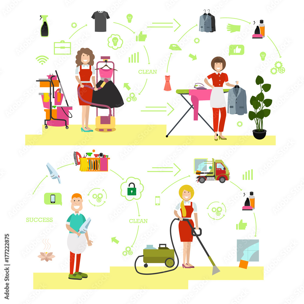 Vector set of cleaning people symbols, icons in flat style