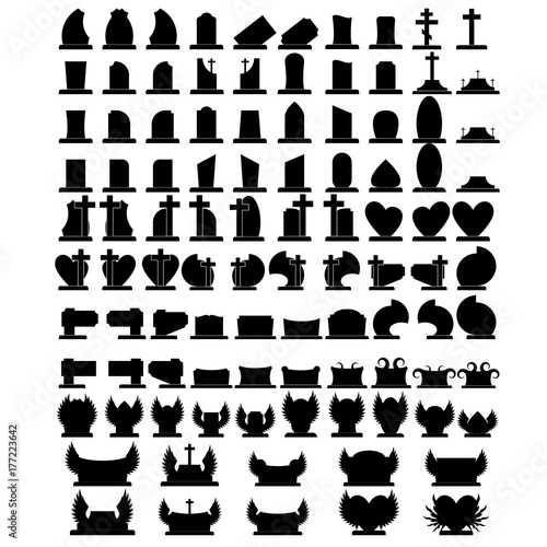 Set of one hundred gravestones. Black gravestones. One hundred gravestones. Gravestones for cemetery. Vector gravestones. Funeral gravestones. Gravestones icons. Set of the gravestones. Gravestone.