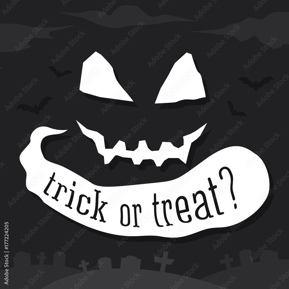 Trick or Treat text banner. Vector illustration with bat on black background. Happy Halloween
