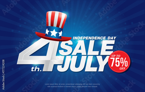 4th july happy independence day sale banner template design with american hat on blue back ground photo