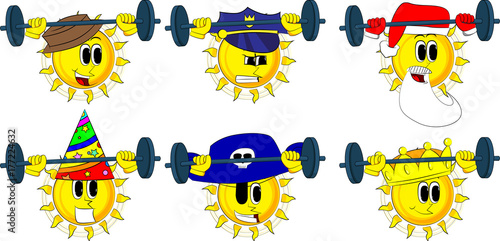 Cartoon weightlifter sun lifting barbell. Collection with costume. Expressions vector set.