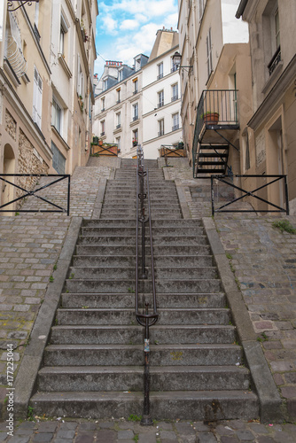 Typical alley in Montmartre, the most romantic staircases in Paris 