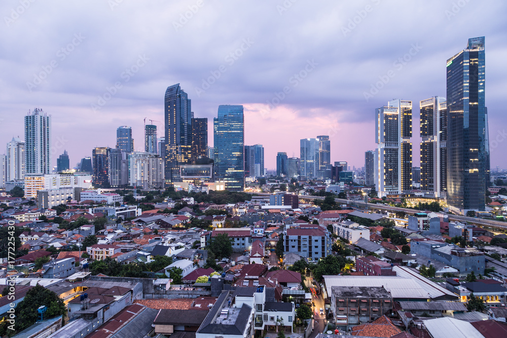 Sunset over Jakarta business district in Indonesia capital city.