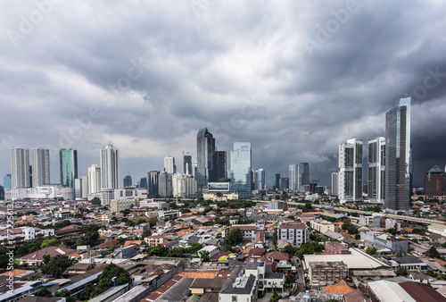 Tropical storm coming over Jakarta business district in Indonesia.