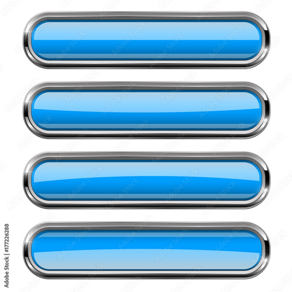 Rectangle blue buttons set with bold chrome frame. 3d shiny icons Rectangle blue buttons set with bold chrome frame. 3d shiny icons
