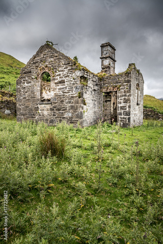 The ruins of an old school in the Connemara countryside in Ireland