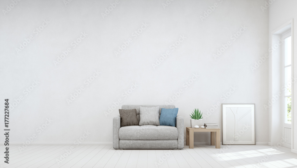 Indoor plant on wooden coffee table and small sofa with empty white  concrete wall background, Relaxing