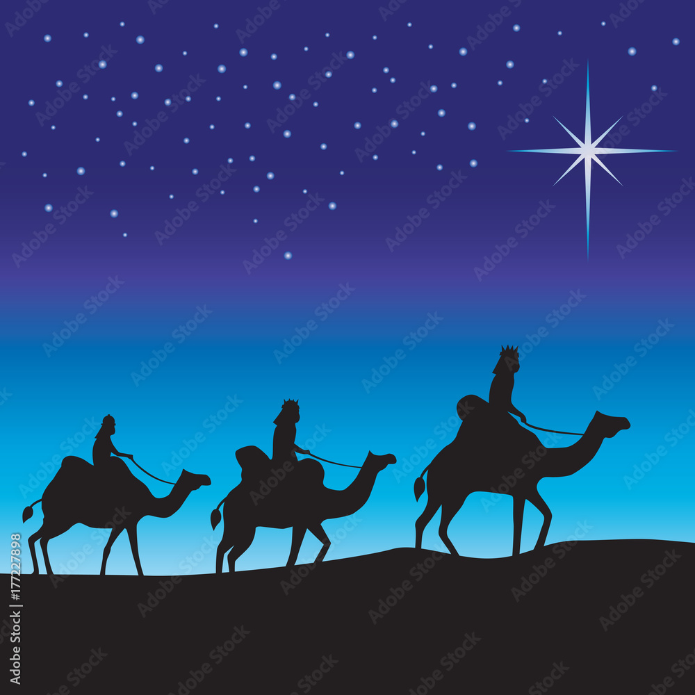 Three wise men silhouette. Three wise men on camels following the star ...
