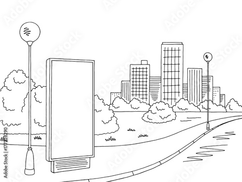 Street road graphic black white billboard city landscape sketch illustration vector