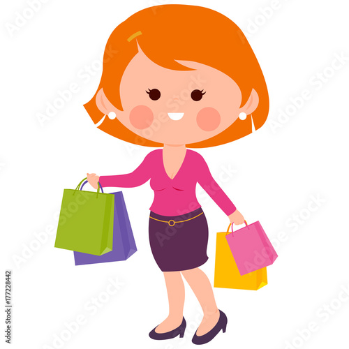 Woman holding paper shopping bags. Vector illustration