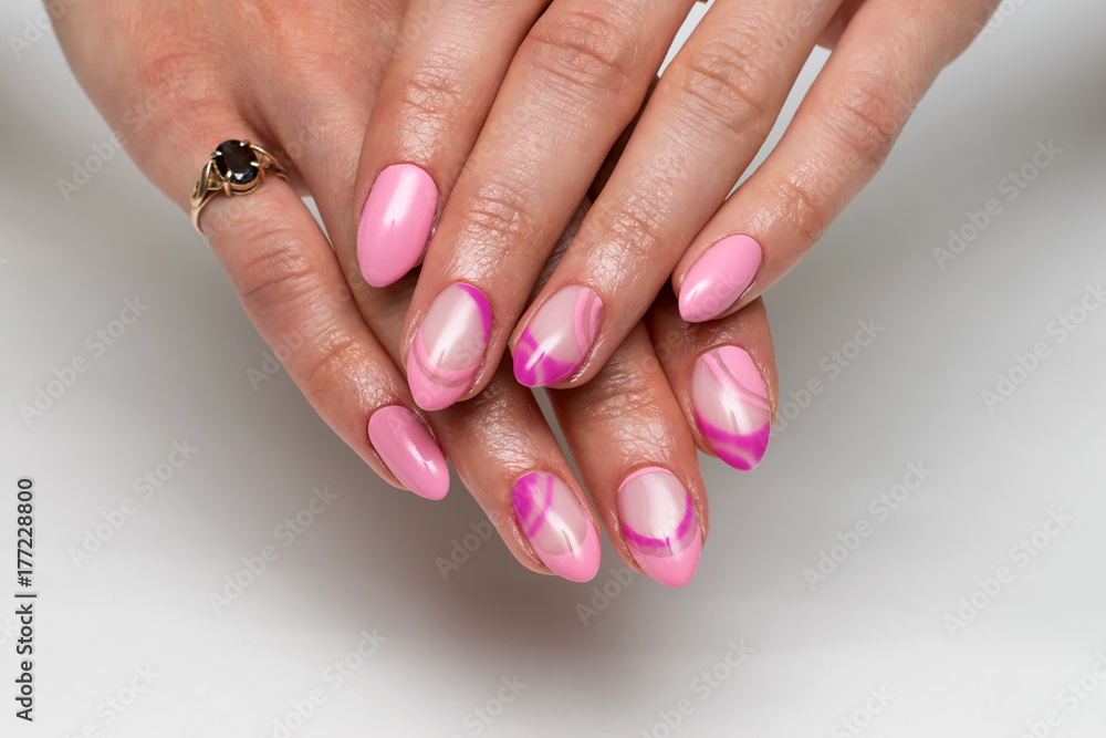 gentle pink French manicure with a violet painting on sharp long nails gentle pink French manicure with a violet painting on sharp long nails