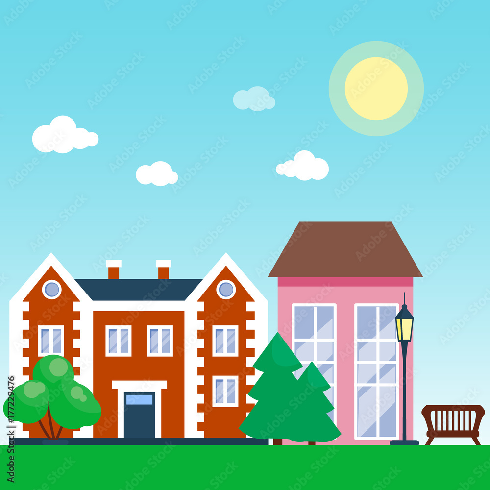 Fototapeta premium City outdoor day landscape house and street buildings outdoor cityspace disign vector illustration modern flat background