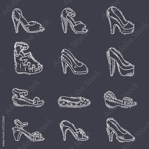 Set of womens shoes flat design vector hand drawn style of leather colored moccasins heel shoe illustration.