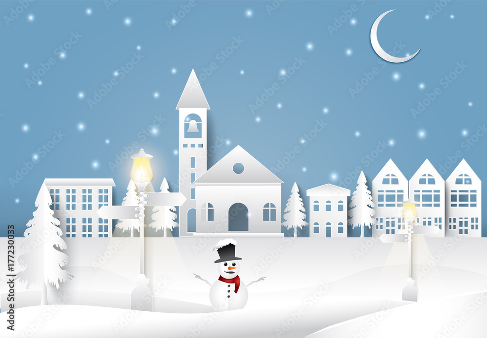 Christmas season in city town paper art background. night scene in winter holiday paper cut style