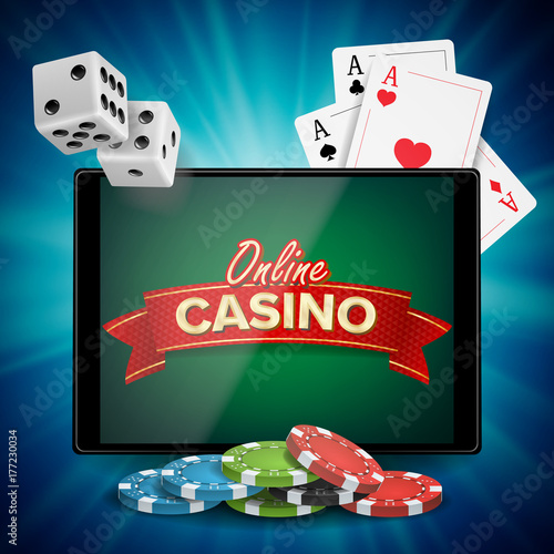 Online Casino Vector. Banner With Tablet. Bright Chips, Dollar Coins. Jackpot Casino Billboard, Signage, Marketing Luxury Poster Illustration.