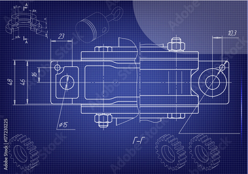 Machine-building drawings on a blue background