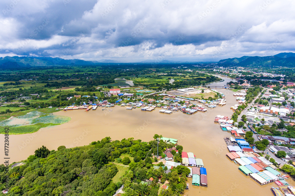 Aerial view of river and town