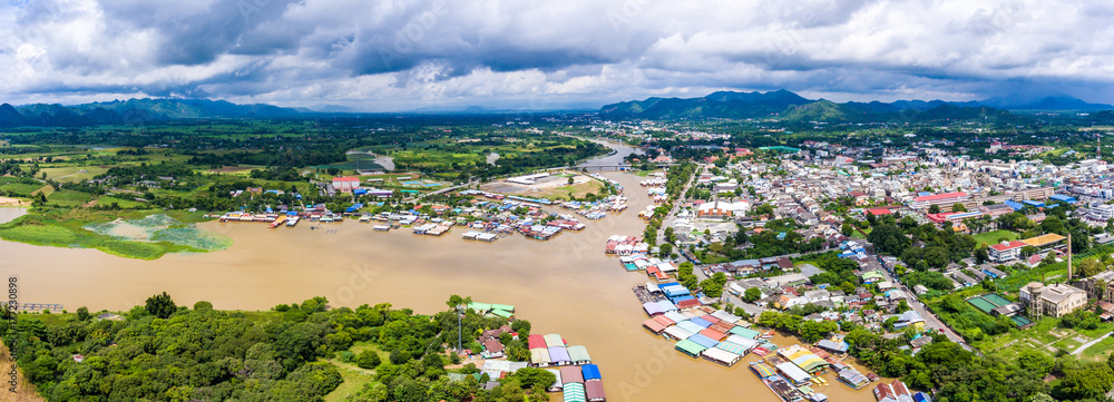 Aerial view of river and town, panorama shot