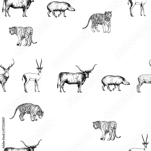Seamless pattern of hand drawn sketch style animals. Vector illustration isolated on white background.