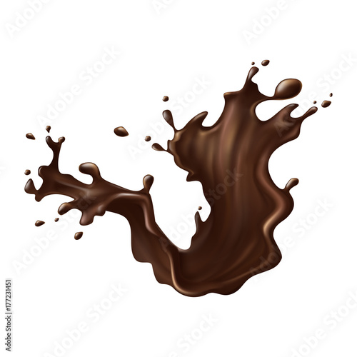 Hot chocolate, cacao or coffee splash with spray realistic vector illustration isolated on white background. Appetizing liquid dessert product splashing design element for sweet beverage or drink ad 