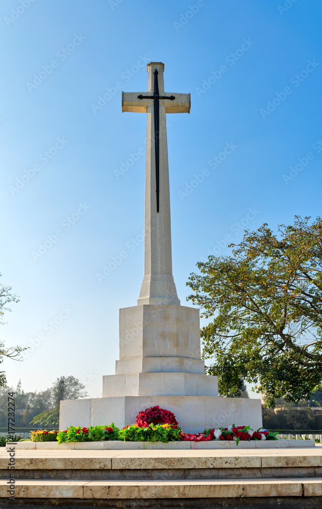 Cross of Sacrifice memorial at the Heliopolis Commonwealth War Cemetery, Cairo, Egypt. the cemetery contains 1742 burials of the Second World War and opened in October 1941 Cross of Sacrifice memorial at the Heliopolis Commonwealth War Cemetery, Cairo, Egypt. the cemetery contains 1742 burials of the Second World War and opened in October 1941