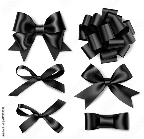 Set of decorative black bow isolated on white with shadow. Realistic vector objects. Vintage bows