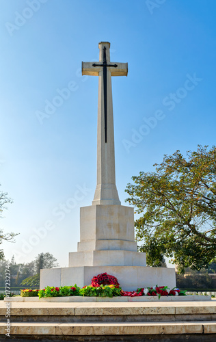 Cross of Sacrifice memorial at the Heliopolis Commonwealth War Cemetery, Cairo, Egypt. the cemetery contains 1742 burials of the Second World War and opened in October 1941