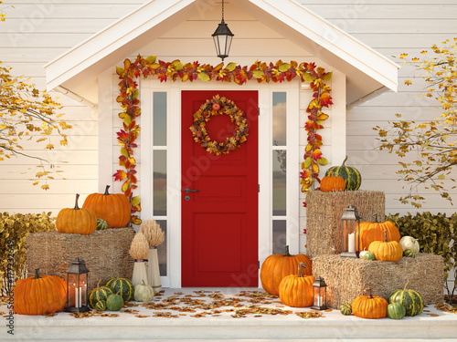 autumn decorated house with pumpkins and hay. 3d rendering photo