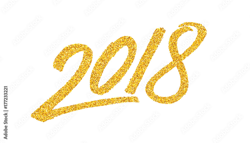 Happy New Year 2018 greeting card design template with golden text on white background. Calligraphy for chinese year of the dog. Vector illustration Happy New Year 2018 greeting card design template with golden text on white background. Calligraphy for chinese year of the dog. Vector illustration