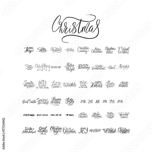 Merry Christmas brush lettering typography. 50 winter vector handdrawn lettering.