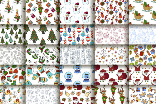 Set of 25 handdrawn Christmas seamless pattern.