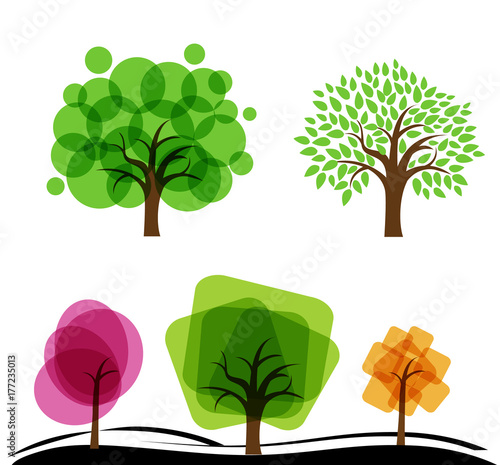 Set of abstract trees. Trees with circles and squares. Vector illustration of  garden with fruit abstract  trees.