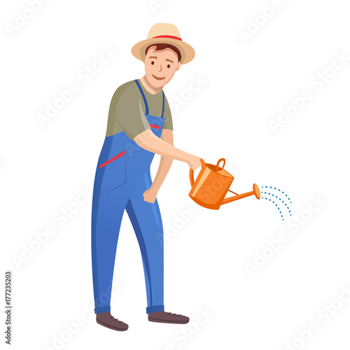 Gardener Man on white background. vector illustration Farmer with watering can in flat style.