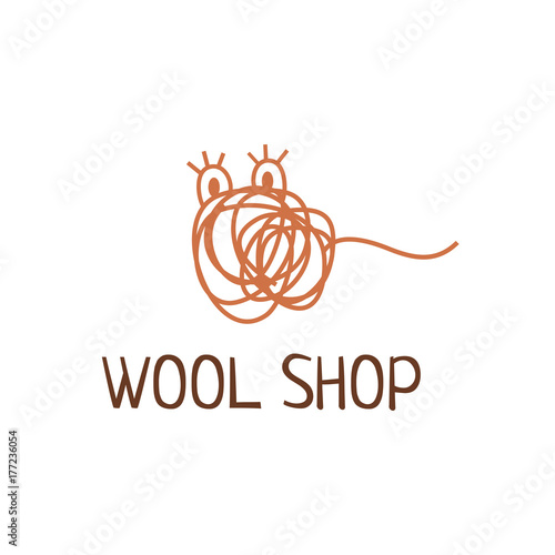 Vector logo template for wool shop. Brown tangle of thread with eyes. Creative logotype for woolen goods store. Handmade label. Hobby icon. EPS10.
