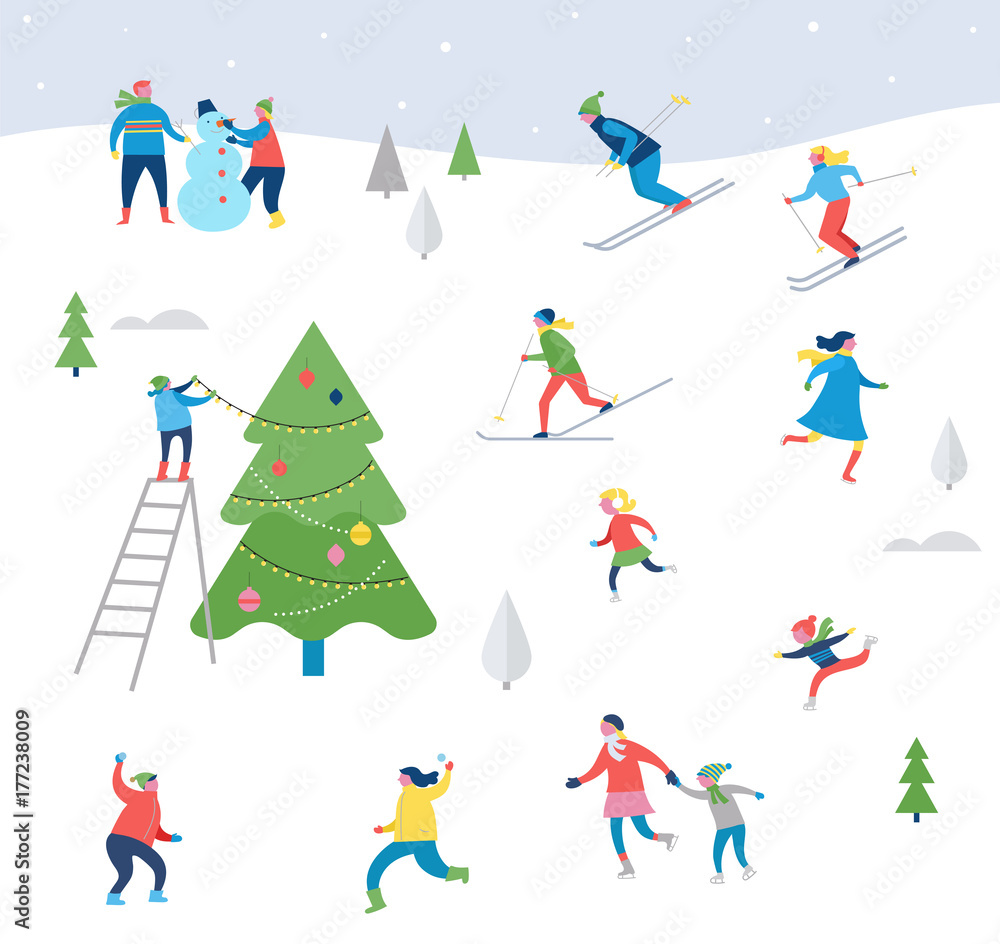 Winter sport scene, Christmas street event, festival and fair, with people, families make fun Winter sport scene, Christmas street event, festival and fair, with people, families make fun