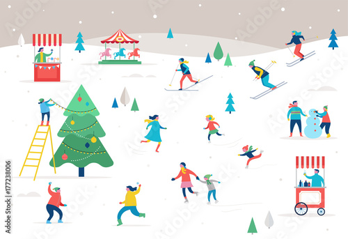 Winter sport scene, Christmas street event, festival and fair, with people, families make fun