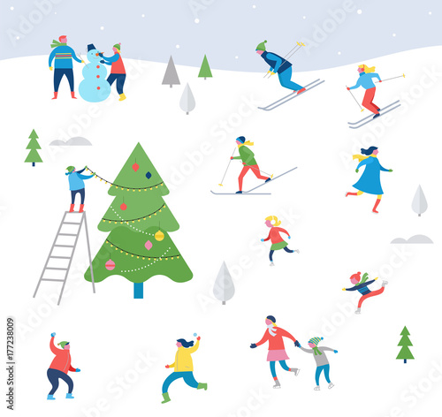 Winter sport scene, Christmas street event, festival and fair, with people, families make fun