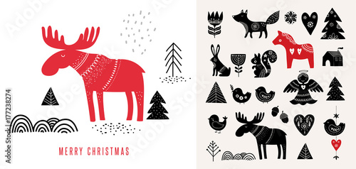 Christmas illustrations, hand drawn elements in Scandinavian style photo