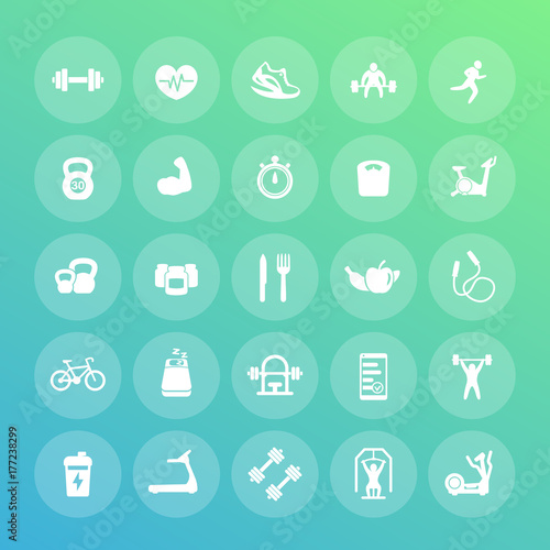 25 fitness icons pack, big set of gym, workout, exercises, training vector signs