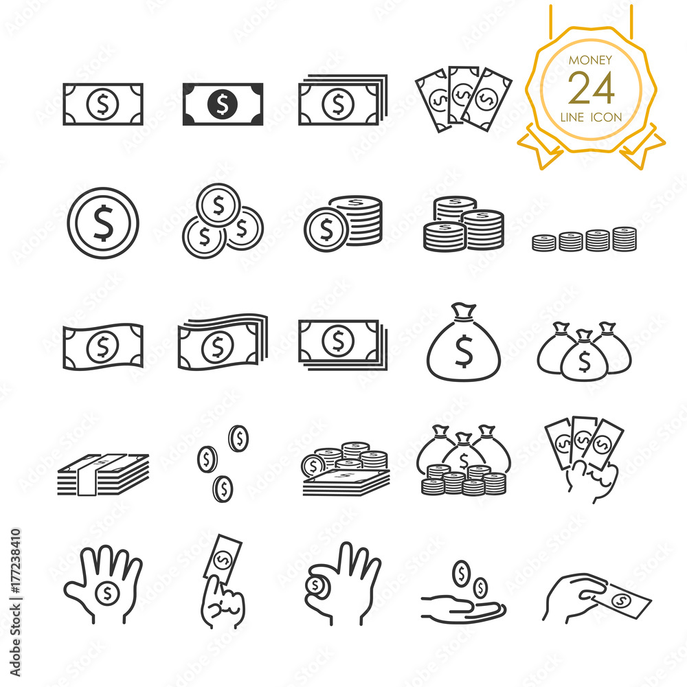 Set of banknote, coin, money bag and money in hand line icon for website, infographic or business, simple symbol. Vector illustration (Editable Stroke)