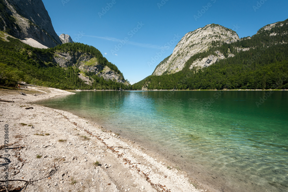 Hinterer Gosausee in Austria in summer, reflection in water
