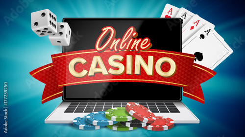 Online Casino Poster Vector. Modern Laptop Concept. Signage, Marketing Luxury Banner, Poster Illustration.