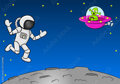 Grüner Außerirdischer trifft einen Astronaut im Weltall
