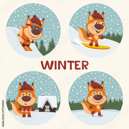 Winter. Set of funny squirrel is engaged in winter sports, stands near the house against the background of snowflakes. Collection of squirrel on skis, skates, snowboard.