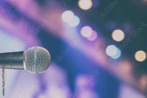 Microphone in the conference hall or seminar room background. meeting room, seminar, event, business, hall, presentation, exhibition