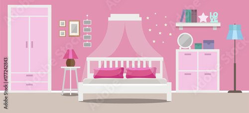 Girl's room interior, teenager room, pink colors, flat style vector illustration template