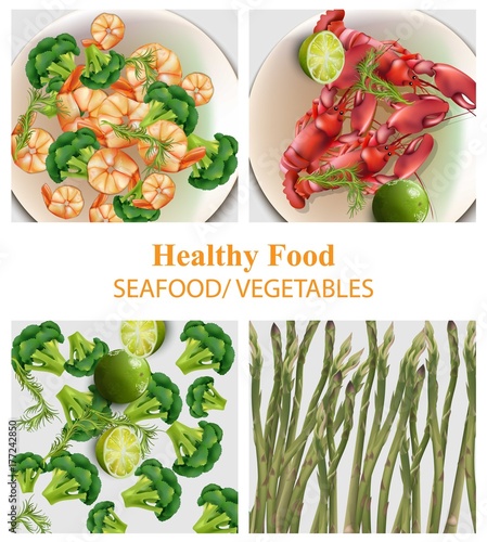 Broccoli, crabs, shrimps, asparagus set Realistic Vector. Healthy food for me...