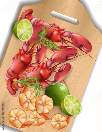 Shrimps and lime on wooden tray. Realistic Vector seafoods