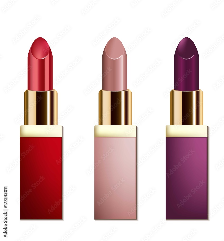 Realistic lipsticks cosmetics on white background. Red and Nude Pastel Color collection. Cosmetic packaging, ad, mock up Realistic lipsticks cosmetics on white background. Red and Nude Pastel Color collection. Cosmetic packaging, ad, mock up