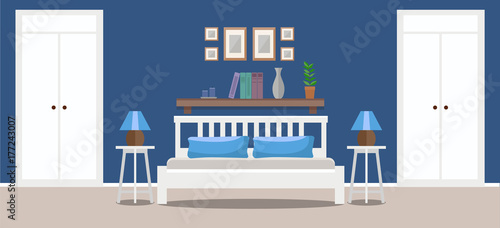 Light bedroom interior with double bed, tables, and wardrobes. Flat style vector illustration, design template